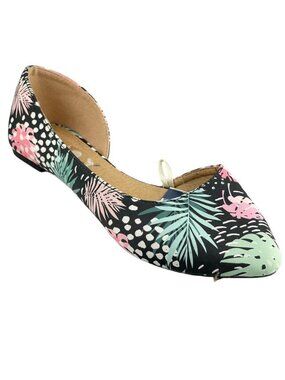 Tropical Print Womens Pointed-Toe Ballet Flats Size 7 Jynx Black With Pink & Gre